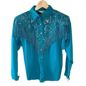Vintage 80s Lilia Smitty Western Shirt Turquoise Fringe Lace Cowgirl Rodeo Sz M
